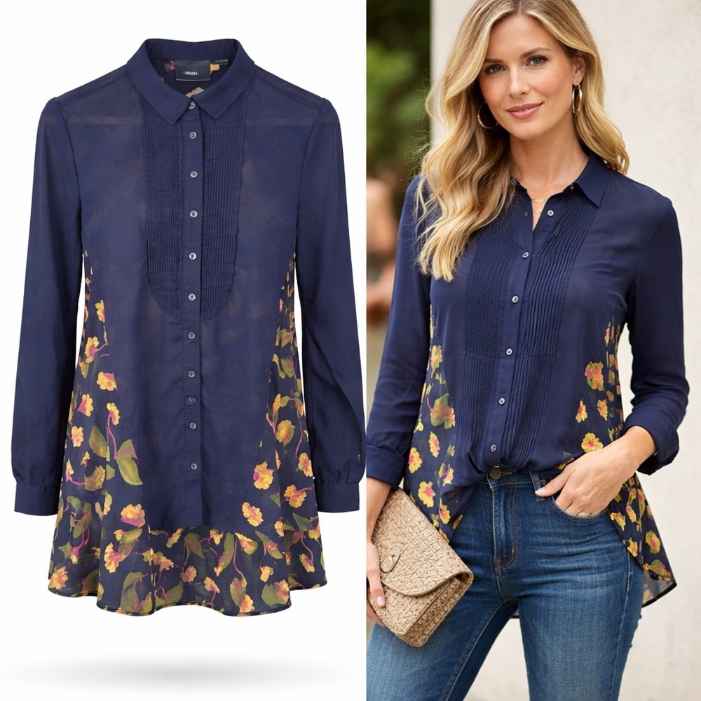 Maeve | Navy Sheer Floral Peplum Blouse | Long Sleeve Pintuck Button Front | 2